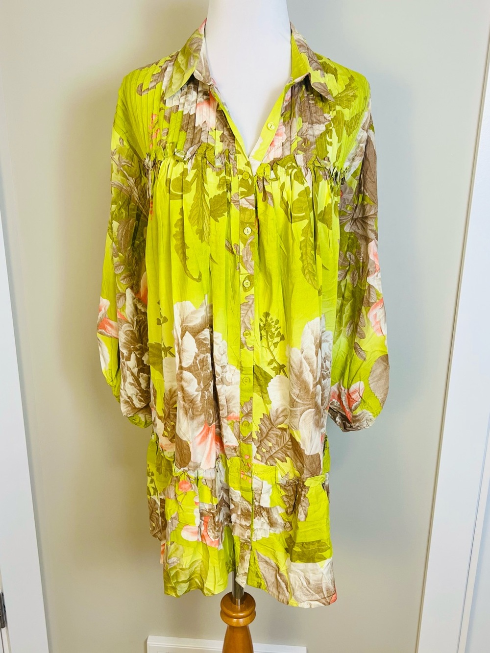 Anthropologie Lime Green Floral Button-Up Tunic